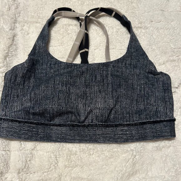 lululemon Energy Bra Long Line in a black and white striped pattern. - Picture 1 of 5